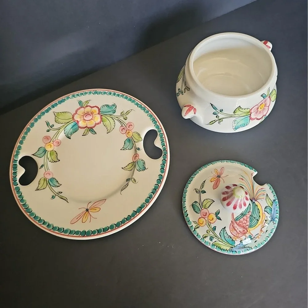 Anfora Agueda Portugal Mustard/Sugar Bowl With Underplate - Hand Painted - R8